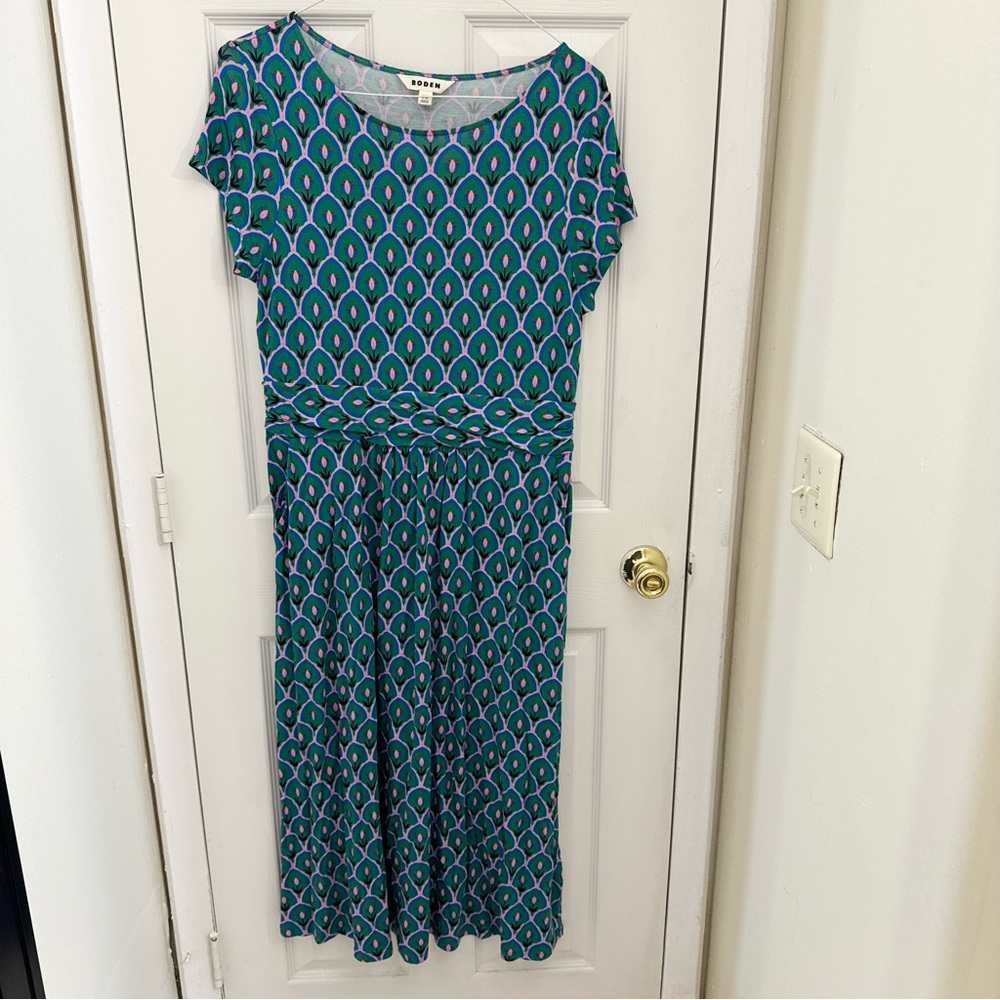Boden Amelie Jersey Dress Blue Tulip Size 12 Short Sleeve Midi Length Blue